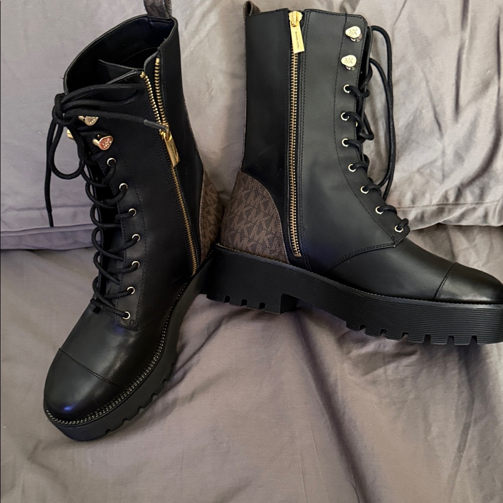 Michael Kors Black Leather Combat Boots with Brown Monogram Heel and Gold Zipper